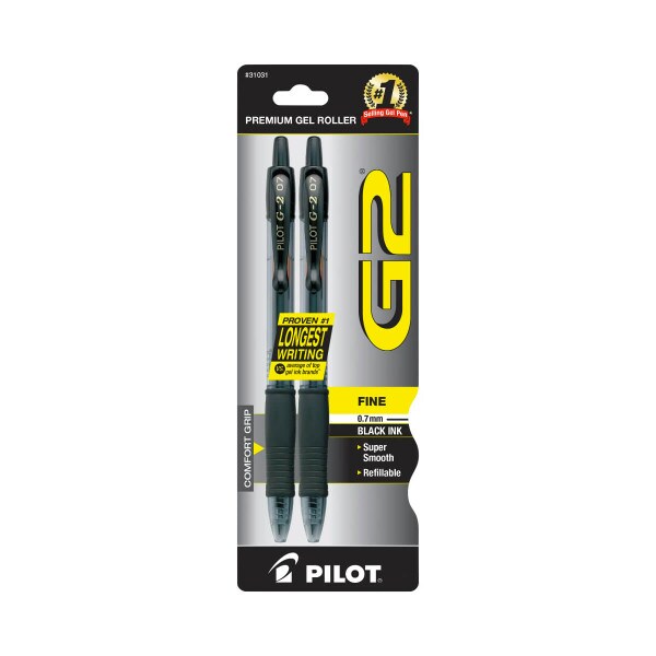 Pilot G2 Fine Pen Black 2 Pack 0.7MM